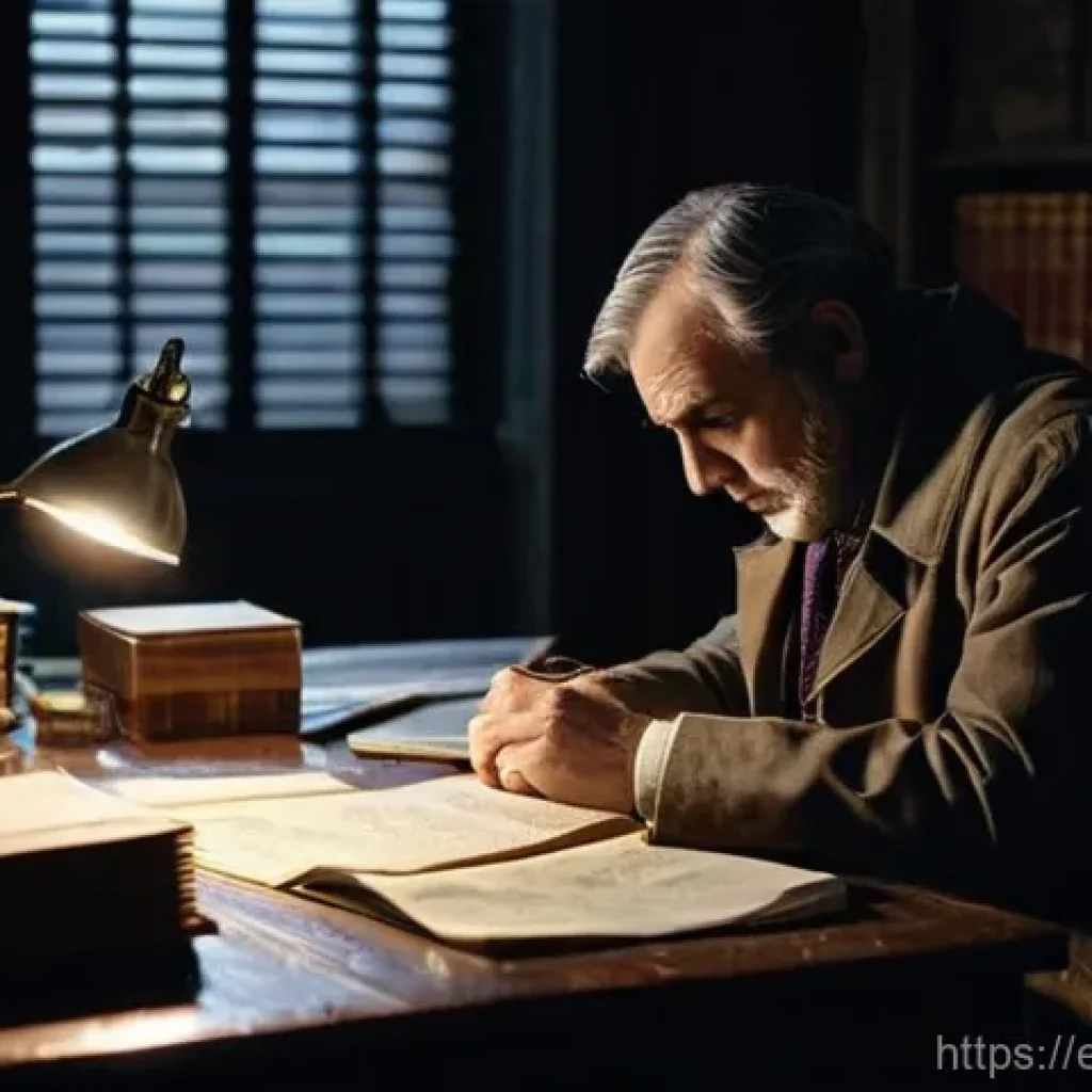 캐릭터 아이디어 구상법 - **Prompt:** A grizzled, middle-aged detective sits alone at a cluttered wooden desk in a dimly lit, ...