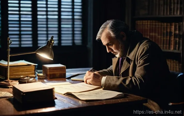 캐릭터 아이디어 구상법 - **Prompt:** A grizzled, middle-aged detective sits alone at a cluttered wooden desk in a dimly lit, ...