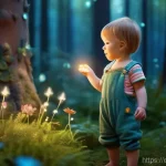 Home 19 픽사의 캐릭터 스토리텔링 - A young child, approximately 6 years old, with bright, curious eyes and a shy smile, wearing a color...