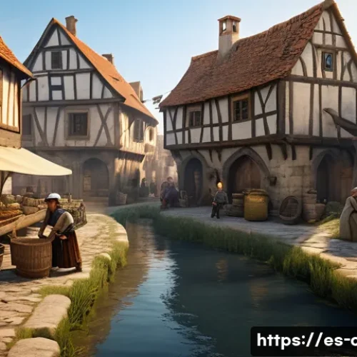 Home 30 게임 NPC 캐릭터 매력 - A bustling medieval village scene at dawn with diverse NPCs performing daily routines: a farmer fish...