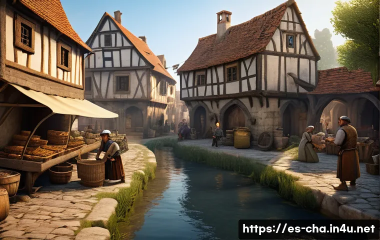 게임 NPC 캐릭터 매력 - A bustling medieval village scene at dawn with diverse NPCs performing daily routines: a farmer fish...
