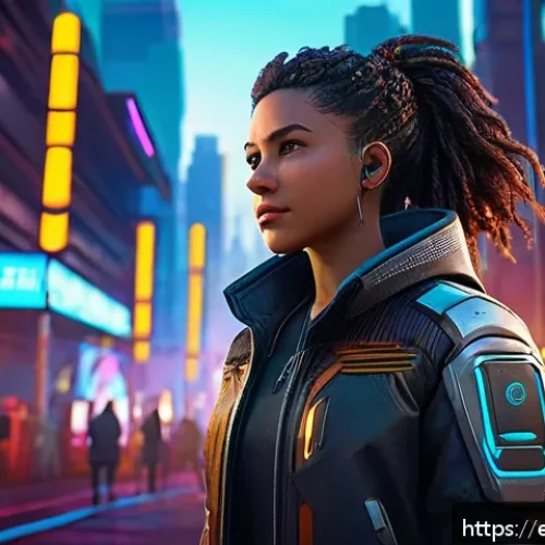 Home 15 게임 속 여성 캐릭터 - A dynamic and emotionally complex female video game protagonist standing confidently in a futuristic...